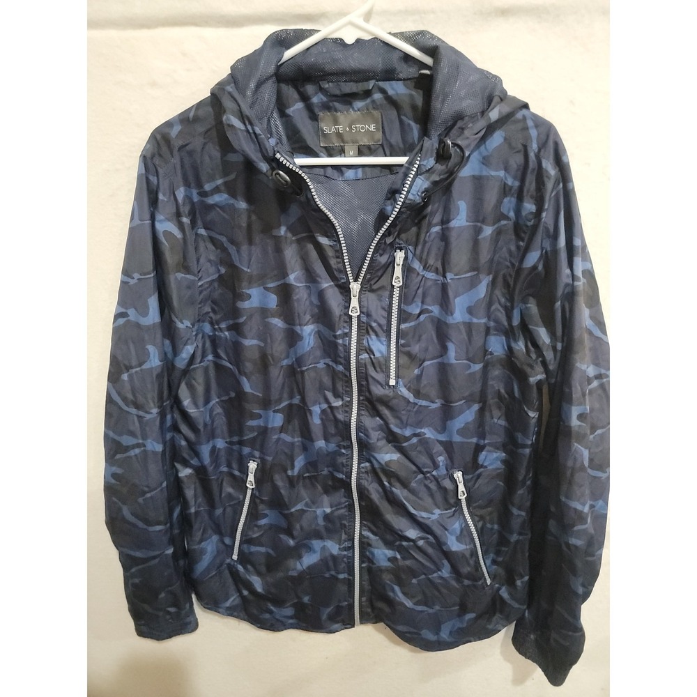 Slate‎ & Stone Blue Camo Hooded Windbreaker Jacket Mesh Lined Mens Medium